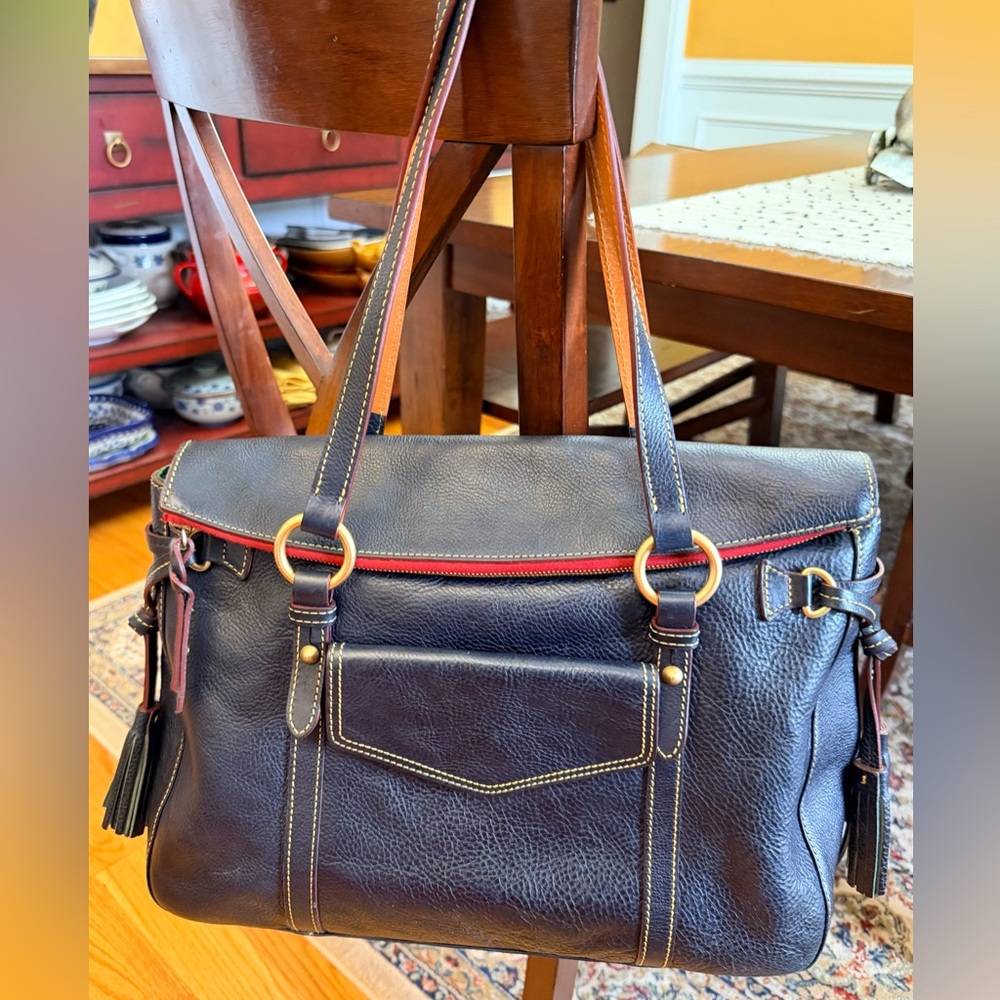 Dooney & Bourke Navy Florentine Leather Smith Shoulder Bag with Red Trim